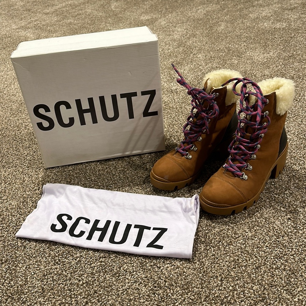 Schutz Lug Sole Leather Combat Boot with Shearling